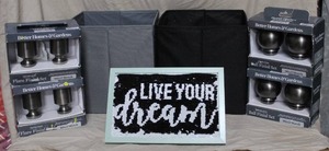 lot 180 image: 2-Better Homes & Gardens Flare Finial Set and 2-Better Homes & Gardens Ball Finial Set, and 2 collapsible totes and color changing picture