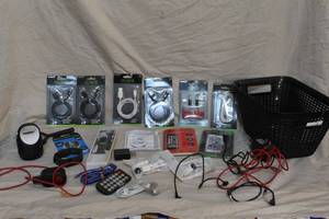 lot 203 image: basket full of phone accessories and more