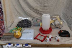 lot 220 image: Mixed lot chicken waterer. Meat shredder claw. Black beanie and much more see pictures