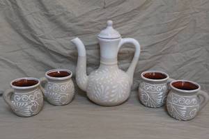 lot 237 image: handmade Mexican ceramic teapot or coffee pot, and mugs