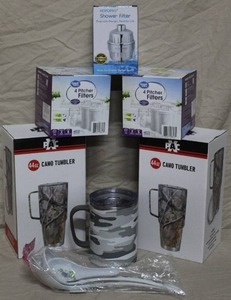 lot 243 image: 2-44 oz Camo Tumbler with a handle and lid. & Pitcher filters and more see pictures