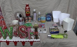 lot 244 image: Mixed lot hand sanitizers and small totes snow globe stickers glowing rocks and so much more see pictures