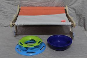 lot 246 image: cat window perch,  cat toy and 2 bowls