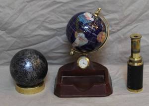 lot 252 image: vintage blue lapis lazuli semi-precious gemstone world globe desk set with a clock and business card holder.  And more see pictures