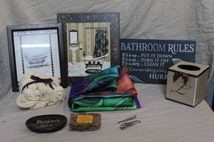 lot 256 image: Bathroom lot shower curtain soap and tray tissue box wall decor and more see pictures