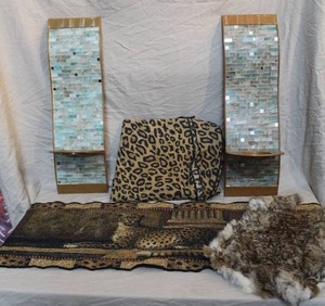 lot 267 image: faux fur or genuine sheepskin  leopard table runner and 2- wall decor candle holders