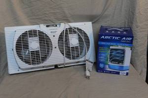 lot 269 image: Comfort Zone 9 Portable Twin Window Fan and Ontel Arctic Air Turbo Chill desktop evaporative space cooler.