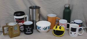 lot 285 image: collection of assorted drinkware, including mugs, tumblers, a bowl, and a water bottle.