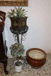 lot 13 image: Heavy pottery vase and wire plant stands