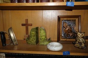 lot 52 image: Home decor vintage iron, marble bookends and more