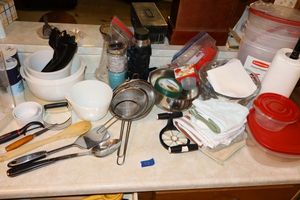 lot 58 image: Kitchen white glass bowls, plastic storage containers, utensils and more