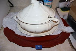 lot 71 image: Large red platter, white soup tureen, blue glass set, and Norman Rockwell mugs