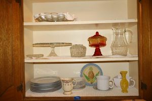 lot 73 image: Kitchen China plates, carnival glass dish, cake pedestal, egg platters and more