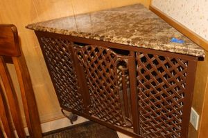 lot 78 image: Homemade corner cabinet - heavy metal base with stone top