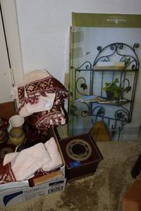 lot 86 image: Bathroom accessory set in dark red plus metal wall shelf still in box