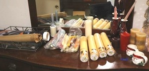 lot 85 image: Home decor candles, pillar Beeswax candles, glass serving tray