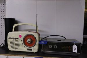 lot 46 image: Alarm clock radio, Studebaker clock radio, and Amazon portable speaker