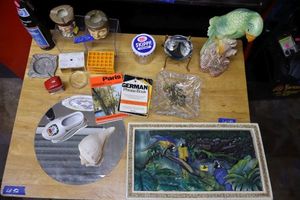 lot 49 image: Misc. lot ceramic birds, vintage Royal Doulton Old Charley character ashtrays, and more