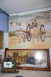 lot 59 image: Canvas print, dog lighted display box (did not try, needs batteries), and cabin photo frame