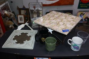 lot 75 image: Stone chess board, glass vase and more