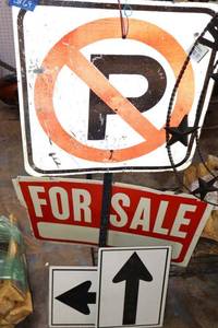lot 69 image: Metal No Parking sign and arrow signs, plastic For Sale sign