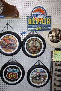 lot 96 image: Metal tire signs, vintage car repair sign and heart shaped mirror