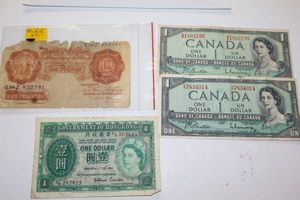 lot 150 image: Paper currency Hong Kong, Canada, and Ten Shillings from England