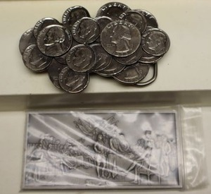 lot 179 image: Belt buckles commemorative pewter and handmade coins buckle