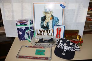 lot 364 image: Metal army sign, American flags, military patches, Ski patches, pewter spoon, Ft. Worth hat, Tx Ranger license cover