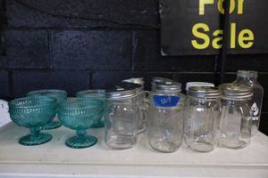 lot 507 image: Bluegreen glass goblets and canning jars
