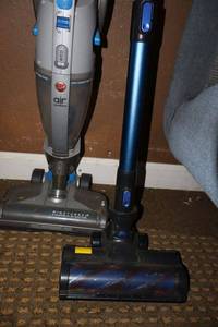 lot 523 image: Hoover vacuum and Aposen stick vacuum (need cords)