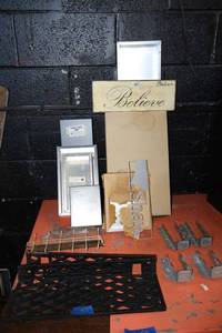 lot 571 image: Metal boxes, cast iron shelves, construction framing supports