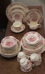 lot 23 image: Vintage Taylor Smith & Taylor Dinnerware, Center Bouquet Red Pattern  Approximately 41 pieces