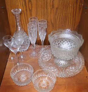 lot 28 image: Vintage Anchor Hocking Wexford Pressed Glass Pedestal Bowl, Anchor Hocking Pressed Glass Plate, Two Arcoroc France Diamond Starburst Fruit and Dessert Bowls, Vintage Cut Crystal DecanterCarafe and Three Vintage Cut Crystal Champange Flutes