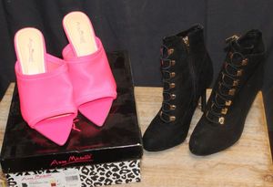 lot 131 image: Anna Michelle Shoes Size 9 Pink Heels with Box and size 7 Black lace up boots