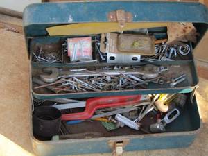 lot 22 image: blue tool box with misc. screws and stuff