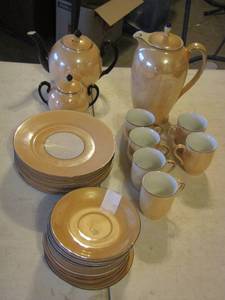 lot 111 image: crme orange teapot set - teapot, creamer, sugar dish, cup plates, saucers and 6 cups