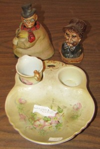 lot 143 image: PAINTED CHINA DESERT PLATE WITH CUP  &  2 OTHER FIGURINES