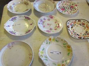 lot 144 image: qty 8 dcor plates brands like Buffalo, New Chelsea Staffshire, Bedford Woods Burslem England, old Foley and more