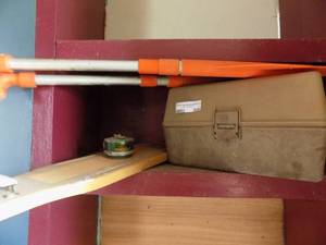 lot 626 image: tackle box w contents , boat paddles, fish scale, reel