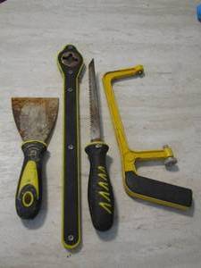 lot 56 image: scrapper, hand saw no blade, wrench, DRYWALL SAW