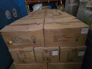 lot 119 image: NEW Incandescent 100W Light Bulbs. 4 Bulbs Per Pack & 30 Packs Per Box. TIRED OF THOSE EXPENSIVE LED BULBS (QUANTITY 7 BOXES) (BID IS TIMES THE QUANTITY SO YOU ARE BIDDING PER BOX)