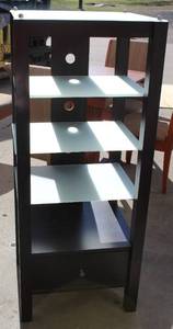 lot 11 image: wood and frosted glass 5-shelf stereo cabinet with a bottom drawer.