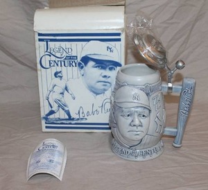 lot 33 image: This is a 1999 Avon Legend of the Century Babe Ruth collectible lidded beer stein.