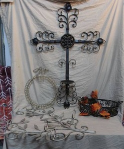 lot 51 image: Wall decor cross and leaf candle holder and basket and more see pictures