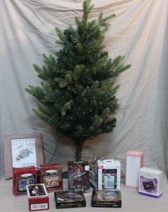 lot 69 image: Christmas lot small tree and mixture of ornaments like Elvis long ranger and many more