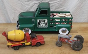 lot 77 image: vintage Tootsie Toy cement mixer truck. vintage diecast toy tractor,  and metal holiday pickup truck