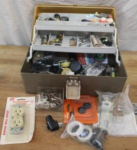 lot 81 image: vintage tackle box used for storing various hardware and electrical repair parts. See pictures for details