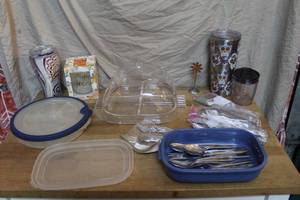 lot 164 image: collection of kitchenware Reusable tumblers, one with a skull pattern.blue container filled with assorted silverware.and much more see pictures