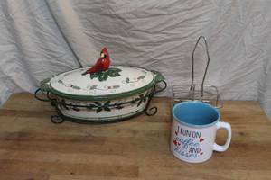 lot 172 image: Temp-Tations Cardinal Holiday 2-quart oval casserole dish set. And more see pictures